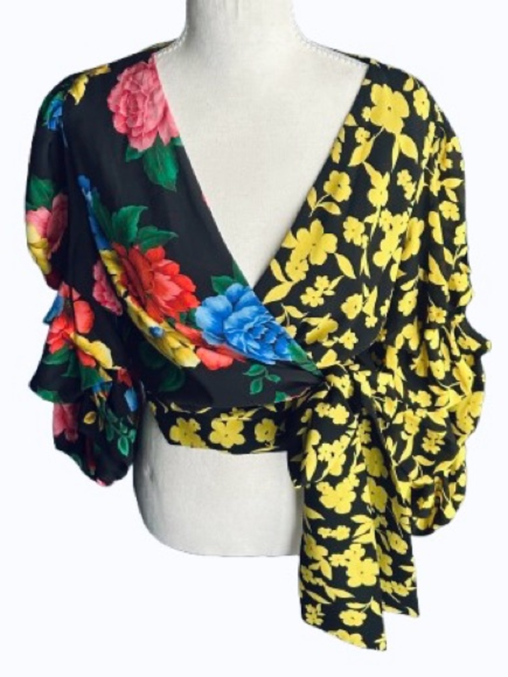 100% Silk ALICE + OLIVIA Floral Bohemian Boho Top Shirt Blouse Wrap Designer Med